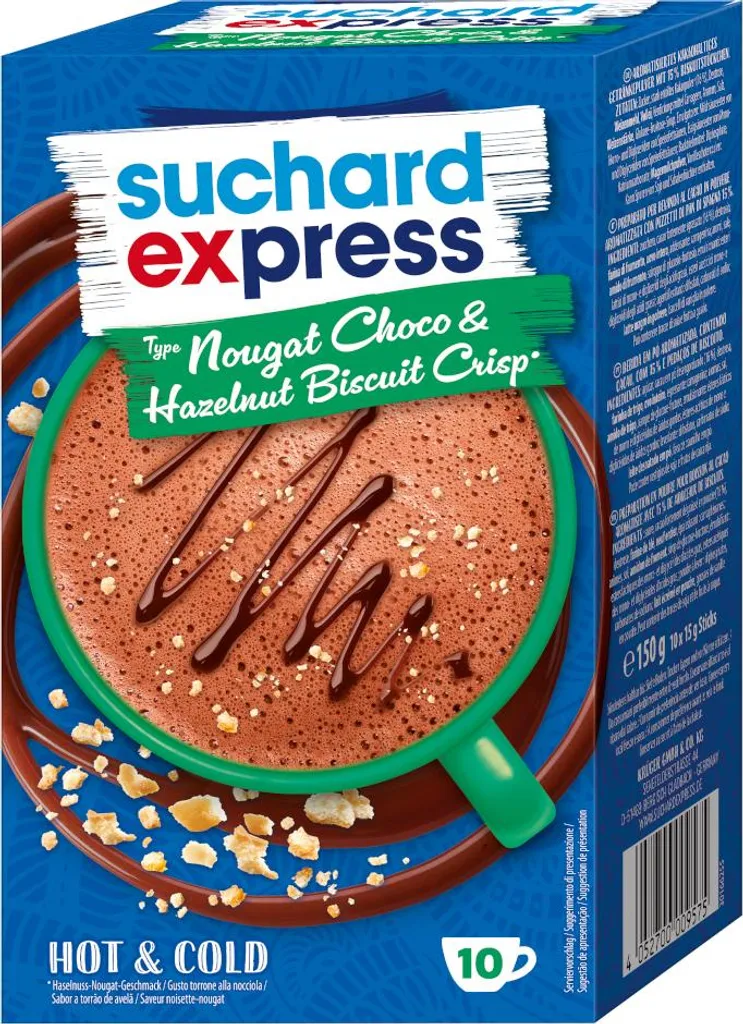 Suchard Express tyčinky typu nugát, čokoláda a lískové oříšky, křupavé sušenky 10 ks