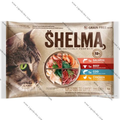 Shelma kočka kuřecí hovězí losos a treska 4 ks 85 g